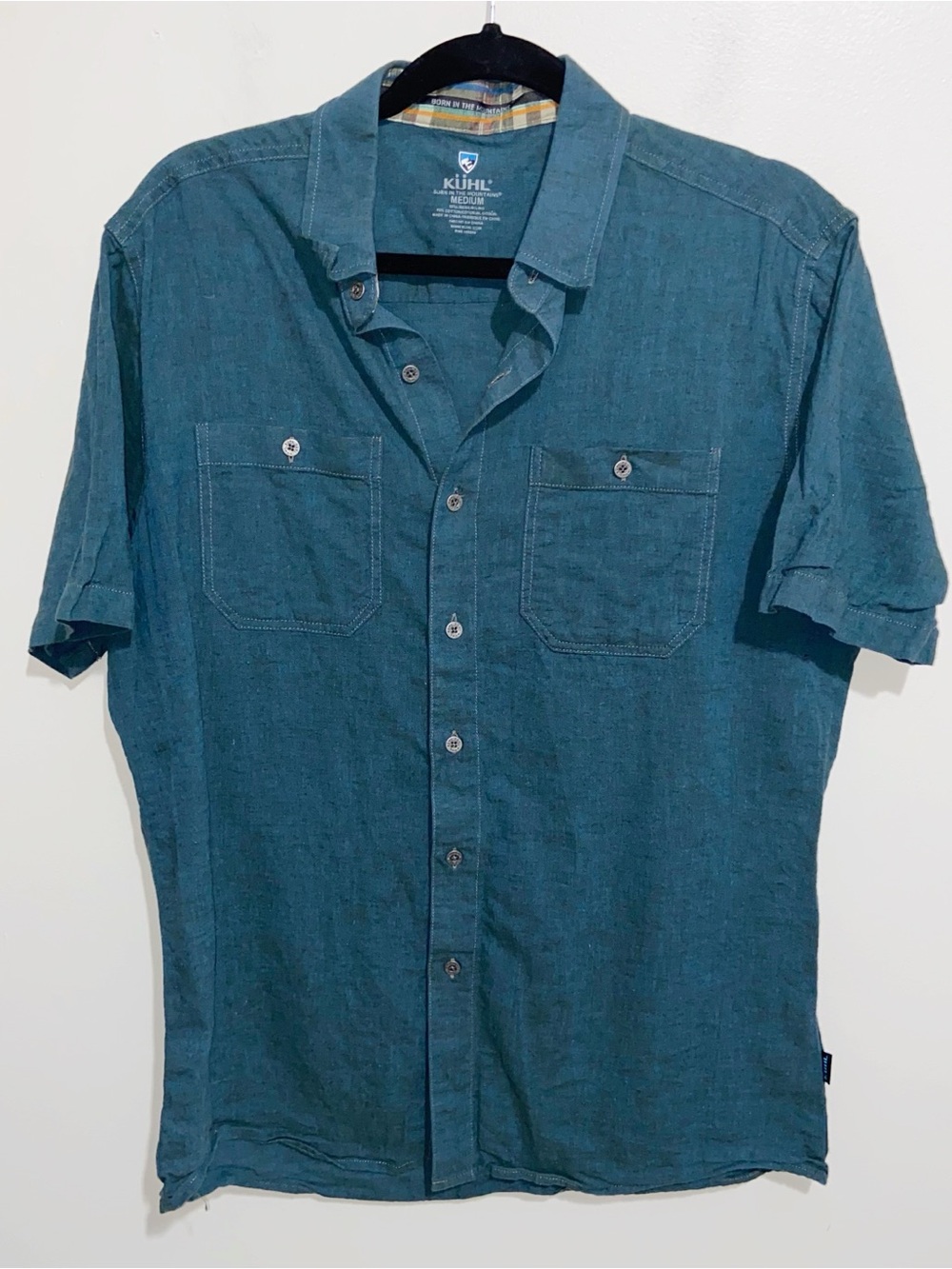Kuhl Skorpio Shirt Mens Medium Short Sleeve Linen Cotton Outdoor Hiking Logo